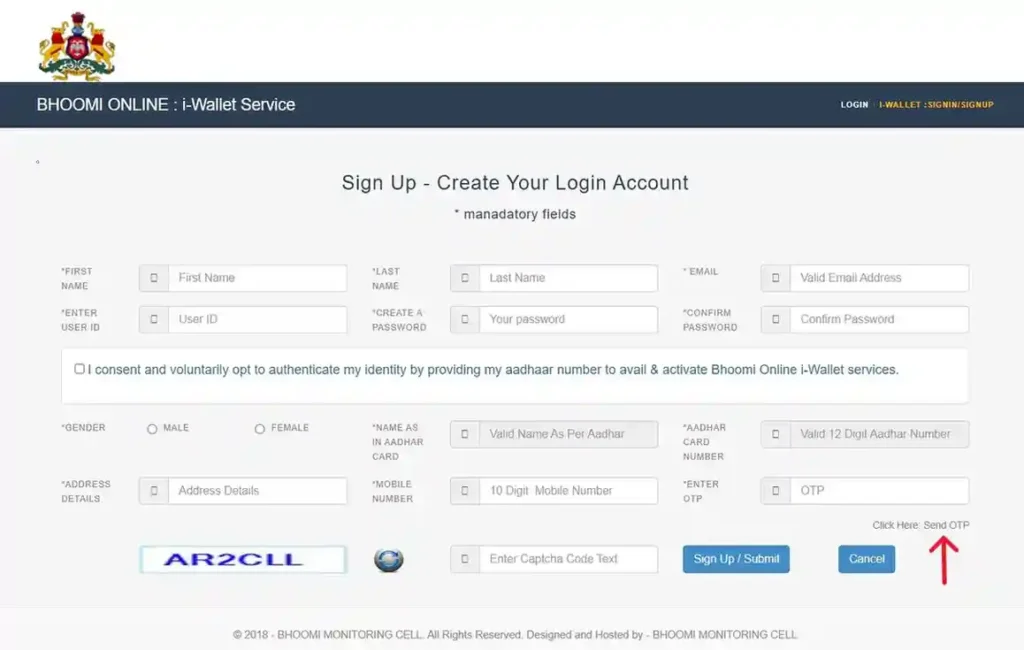 Bhoomi Online i-Wallet Service Signup Page with Aadhaar Authentication.