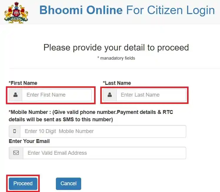 Bhoomi Online Citizen Login form requiring first name, last name, mobile number, and email.