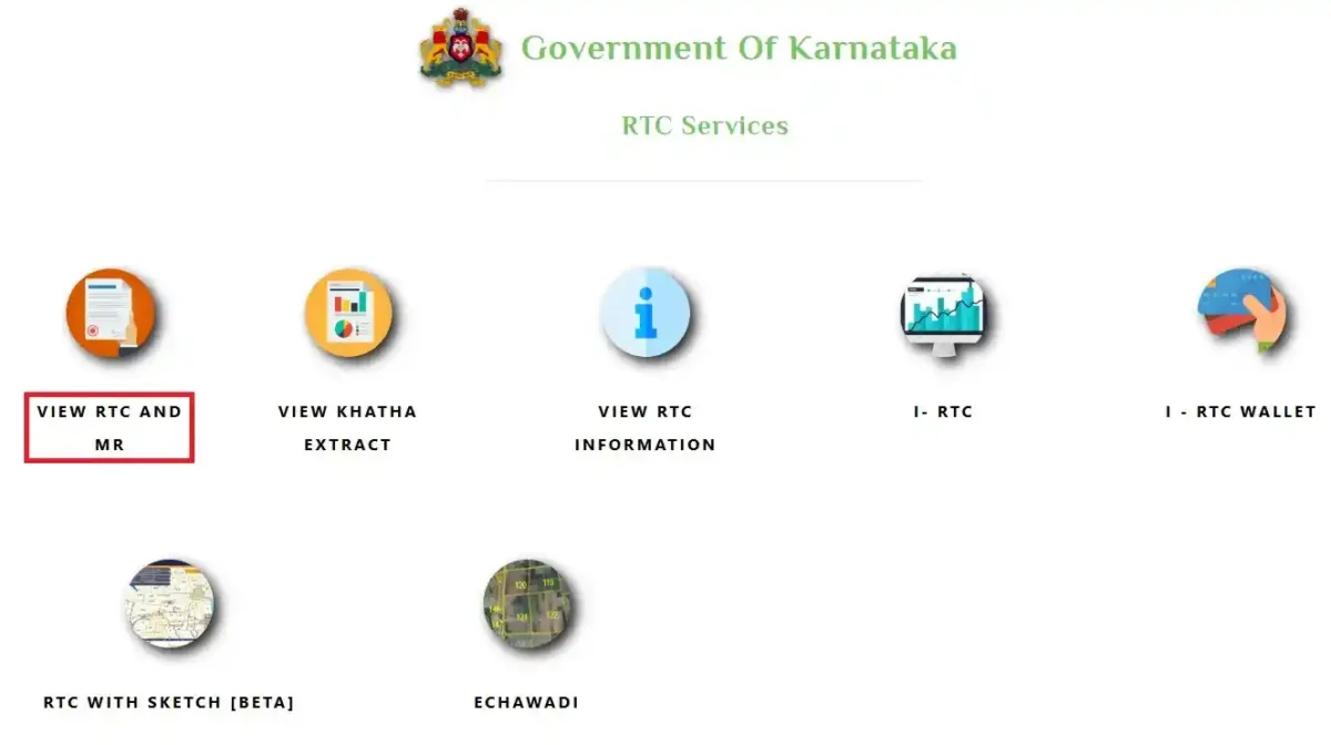 Karnataka Government RTC Services Portal with Options for Land Records.
