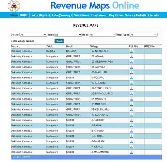 Karnataka Bhoomi Online RTC revenue maps portal displaying district-wise land records and downloadable files.